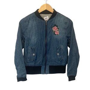HUDSON Girls Size Large Denim blue Bomber Jacket Embroidered Rose Youth